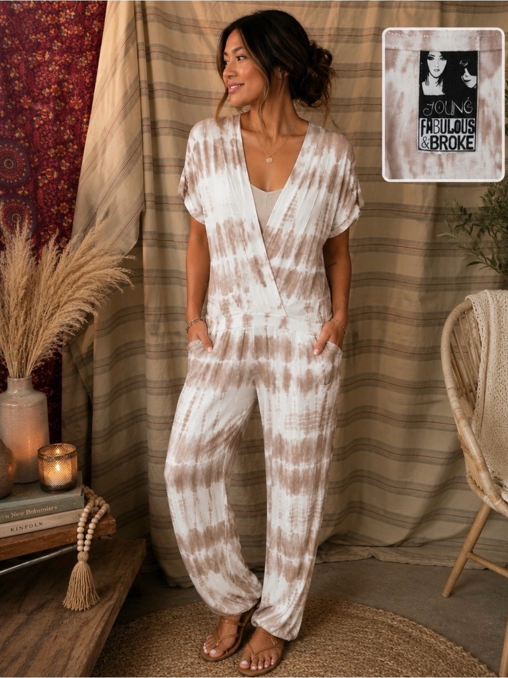 Young Fabulous & Broke Taupe & White Tie-Dye Wrap Jumpsuit